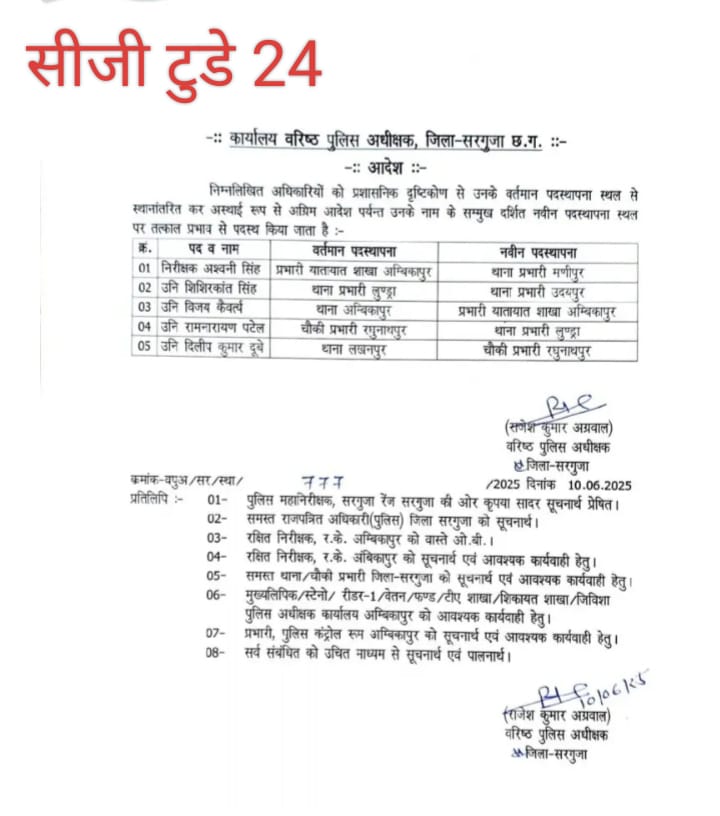 सरगुजा पुलिस विभाग में आंशिक  तबादलेः लुण्ड्रा  थाने का प्रभारी रामनारायण पटेल तो अश्विनी सिंह होंगे मणिपुर के निरीक्षक देखें आदेश ।